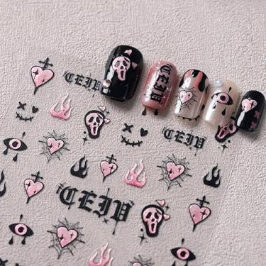 Imagem de Adesivos de arte de unhas de Halloween 3D rosa preto glitter decalques de unhas esqueleto cicatriz manicure sliders para design de arte de unhas