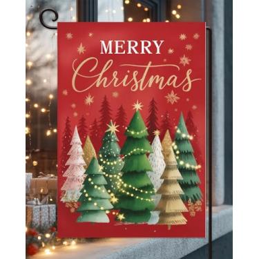 Imagem de Árvores de Natal floco de neve bandeira de jardim 30,5 x 45,7 cm vertical dupla face externa, Feliz Natal, casa de fazenda, vermelho, quintal, gramado, decoração ao ar livre