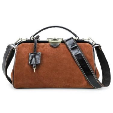 Imagem de CONTACTS Bolsa médica feminina de couro de luxo com cadeado bolsa de ombro vintage com alça superior, Marrom camelo P