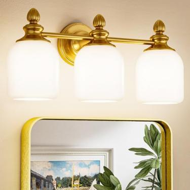 Imagem de Keonjinn Luminárias douradas para banheiro, luzes vintage de 3 luzes para espelho com persianas de vidro fosco, base E26 listada pela UL (lâmpadas não incluídas), luminárias reversíveis para banheiro