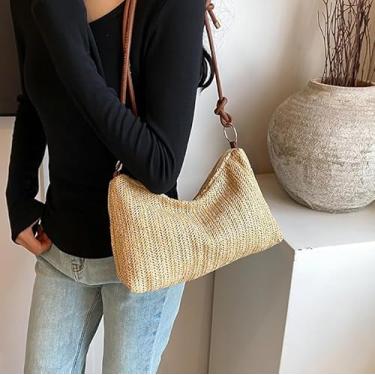 Imagem de Bolsa feminina de palha de tecido – Bolsa chique com bloco de cores, bolsa de ombro casual com alça superior, Marrom, 3 inches (W) x 5 inches (L) x 2 inches (H)