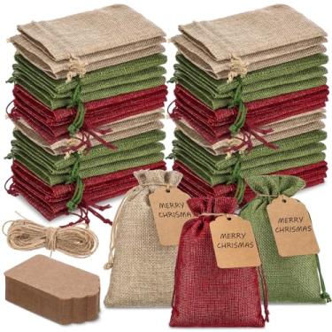 Imagem de Woanger 100 sacos de presente de serapilheira com 100 peças de etiquetas de presente de papel kraft com cordão, sacos de estopa a granel para artesanato de festa de casamento DIY (10 x 15 cm, cor
