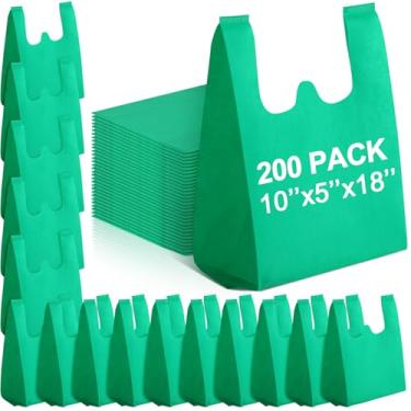 Imagem de Windyun 200 peças de sacolas reutilizáveis de mercearia a granel pequeno saco de compras não tecido 25 x 45 x 12 cm, bolsa dobrável com alça para presente de festa (verde)