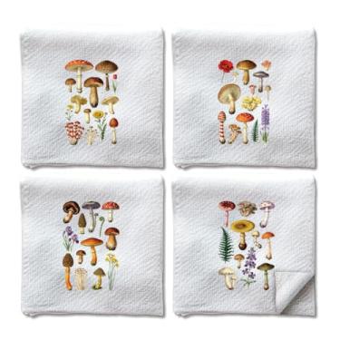 Imagem de WADORN 4 peças de toalhas de mão vintage com tema de cogumelos, toalha de prato decorativa de samambaia de flor de cogumelo engraçada pano de prato de cozinha rústico macio absorvente para cozinhar