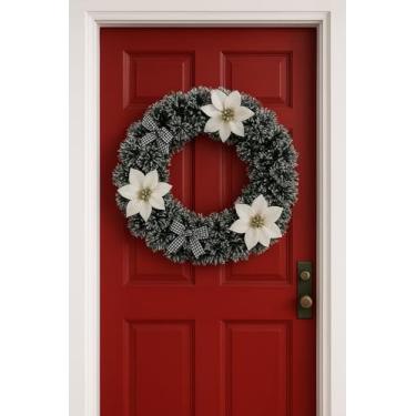 Imagem de Guirlanda de Natal Decorada 30cm Verde Escuro com Flores e Laço – Decoração Natalina para Porta e Parede