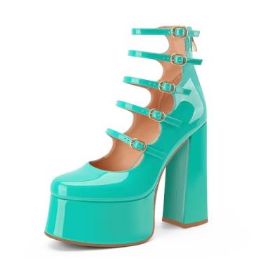 Imagem de Perisis Botas femininas plataforma Mary Janes salto alto bloco grosso cano curto bico fechado botas botas gótico lolita sapatos, Azul-petróleo, 37