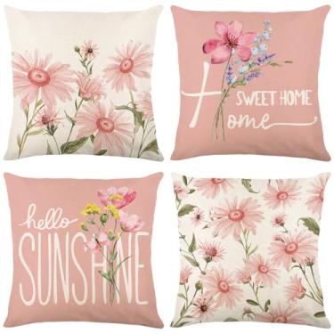 Imagem de yeshttdy Capas de almofada rosa primavera verão 50 x 50 cm conjunto de 4 capas de almofada decorativas para ambientes internos e externos para primavera, verão, sofá, cama, decoração de varanda