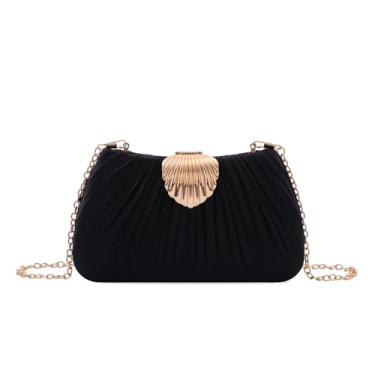 Imagem de Fecialy Bolsa clutch feminina de cetim plissada com fecho de concha bolsa para festa formal, Preto, 19.5 x 4.5 x 11cm
