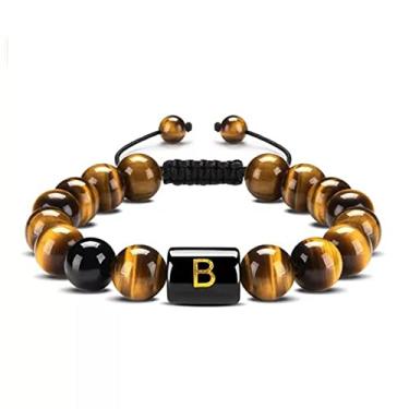 Imagem de Guz Pulseira com iniciais A-Z 10 mm Natural Preto Ônix Olho de Tigre Pulseira de Corda Trançada para Homens Pulseira de Letra (B)