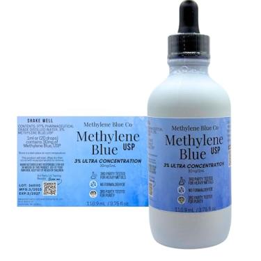 Imagem de Azul de metileno USP 3% (3,75 ml) – Produto dos EUA. Garrafa de vidro com conta-gotas. Livre de metais pesados e formaldeído grau farmacêutico