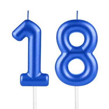 Imagem de Velas de aniversário azuis metálicas 18, velas de aniversário azul metálico, número 18, para decoração de topo de bolo, mulheres, homens, casamentos, comemorações, artigos de festa feliz