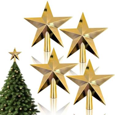 Imagem de 4 peças de topo de árvore de Natal de estrela dourada, pequena copa de árvore de Natal para árvore de Natal, enfeites decorativos de estrelas para decoração de festa de Natal em casa
