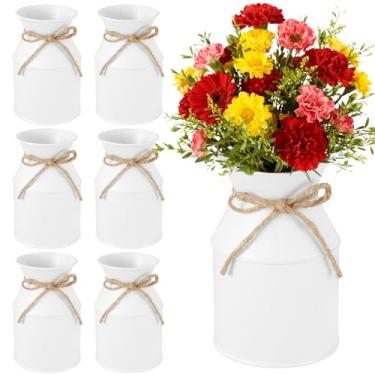 Imagem de Vaso de flores de metal branco para casa de fazenda, 6 peças, vaso de lata de leite galvanizado de 14 cm com laço de barbante, baldes de flores rústicos para centros de mesa, mesa de exibição floral