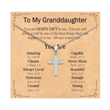 Imagem de PODLEV Presentes para neta, 40,6 cm + 5 cm banhado a prata minúscula zircônia cúbica colar com pingente de cruz para mulheres, meninas, joias cristãs, confirmação, batismo, Páscoa, Natal, aniversário