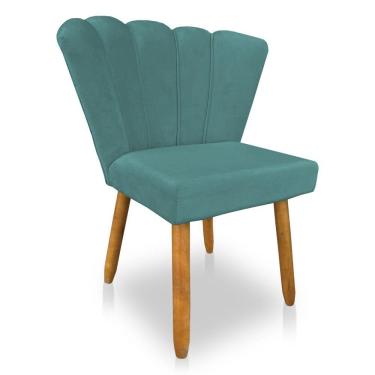 Imagem de Cadeira Poltrona Flor Veludo Azul Turuqesa Pés Palito Castanho