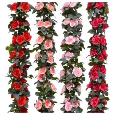 Imagem de Corrente de Rosas Artificiais Trepadeira Decorativa com Folhagem – Flores para Casamento Varanda e Jardim (Vermelha,3 Unidades)