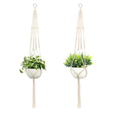 Imagem de wocoxo Cabide para plantas de macramê, cesta suspensa com borlas decorativas, suporte decorativo de vaso de flores para decoração de casa boho interna e externa, conjunto de 2 (anéis de metal para