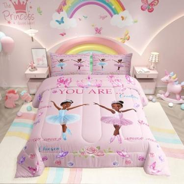 Imagem de Erosebridal Conjunto de cama casal de bailarina preta, edredom de princesa cisne preto, flores mágicas, nó de borboleta, conjunto de cama para meninas e crianças, 3 peças