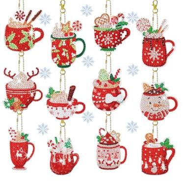 Imagem de SHLUHA 12 peças de kit de pintura de diamante de café para adultos, arte de diamante dupla face, porta-chaves, ornamentos, artesanato, decoração de casa, presente de Natal (AA054)