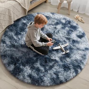 Imagem de EVOIONOS Tapete redondo cinza azul tingido para quarto, tapetes macios de 1,2 x 1,2 m para sala de estar, tapete circular felpudo de pelúcia para piso interno, cabeceira, berçário, decoração de casa