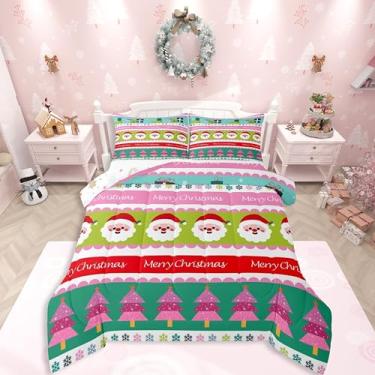 Imagem de Feelyou Conjunto de edredom casal com estampa de Papai Noel para crianças, meninos, meninas, árvore de Natal, floco de neve, listrado, decoração de quarto de microfibra, 3 peças com 2 fronhas