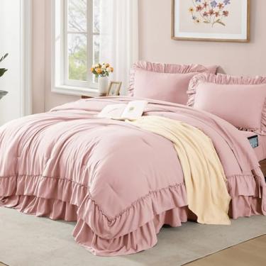 Imagem de AMBERSPACE Conjunto de edredom completo, rosa macio, com babados, chique, 7 peças, cama de fazenda para todas as estações em uma bolsa com lençóis, fronhas e fronhas