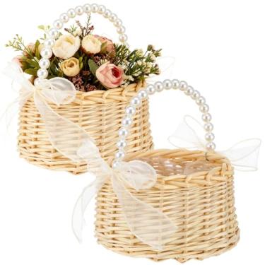 Imagem de Conjunto de 2 cestas para meninas de flores, cesta de vime pequena tecida à mão com alça de pérola, laço de fita e forro de plástico, cestas rústicas de praia, casamento, fada, dama, daminha, para