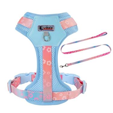 Imagem de Peitoral para cães pequenos com conjunto de trela, arnês fofo de malha durável, sem puxar, sem estrangulamento, à prova de fuga para animais de estimação, fácil caminhada, azul esmagamento PP