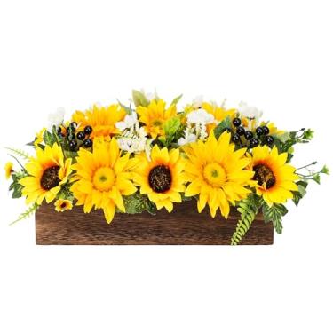 Imagem de WENMAQIN Decoração de mesa para arranjo de girassol, girassóis, margaridas e folhas verdes, flores artificiais florais com bandeja de madeira para mesa de jantar, mesa de café, casa de fazenda
