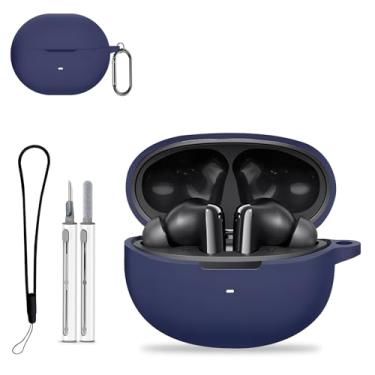 Imagem de Capa protetora para QCY MeloBuds N70, capa protetora com kit de limpeza, capa protetora de silicone macio, acessórios para cordão e chaveiro, impermeável, à prova de poeira, à prova de choque, azul