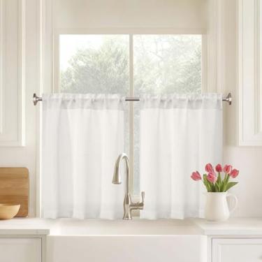 Imagem de Ebesto Conjunto de cortinas de cozinha Ivory Farmhouse, 76 cm de comprimento, 2 painéis, cortinas de linho sintético de tecido macio para acampamento de porão de banheiro de meia janela pequena, bolso