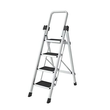 Imagem de Escadas dobráveis Escadas vermelhas Escadas de 4 degraus Banquinho dobrável com apoio de braço dobrável de 180° Escadas de metal, classificação de peso de 150 kg, escada resistente (cor: branco
