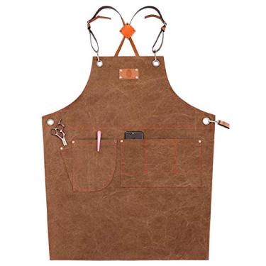 Imagem de NGCG Avental de chef profissional lona de algodão para costas cruzadas avental ajustável com bolsos avental de cozinha cozinha avental de cozimento avental de churrasco babador, vermelho, marrom