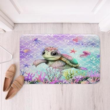 Imagem de Feelyou Tapetes de banheiro de tartaruga marinha para meninos, escamas de sereia do oceano, tapetes Btah para banheira de chuveiro, 40,6 x 61 cm, água-viva, concha do mar, estrela-do-mar, praia,