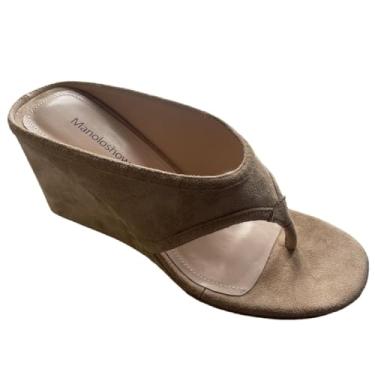 Imagem de ReneChristine Pantufas femininas de salto alto nude sem cadarço confortável vestido de noite chinelos sandálias de dedo redondo para mulheres salto de 8 cm, Nude., 40