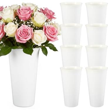 Imagem de Pacote com 8 baldes de flores de plástico de 24 cm, vasos redondos modernos para centros de mesa, exibição floral, baldes decorativos para mesa, decoração de casamento (branco)