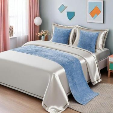 Imagem de Caminho de cama de cor sólida, lenço de cama moderno macio de chenille, tecido durável, macio, resistente a derramamentos, decoração multiuso, para estilo de quarto de hóspedes, azul claro, 50 x 260