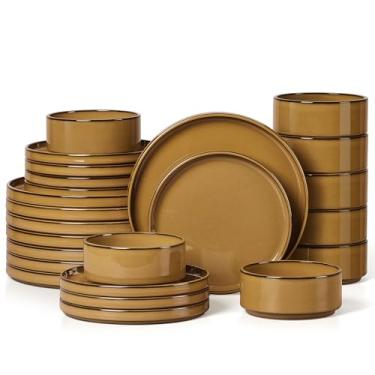 Imagem de Herogo Conjunto de 24 peças de louça de grés para 8, conjuntos de louça de cerâmica para cozinha doméstica, pratos e tigelas com fundo de terracota rústico, seguro para lava-louças e micro-ondas