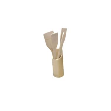 Imagem de Kit 5 Peças Utensílios de Cozinha, Bambu, com Cepo Organizador, Colher, Espátula, Garfo, 275g