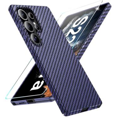 Imagem de Capa de fibra de carbono para Samsung Galaxy S22 Ultra com protetor de tela Slim Fit para Samsung S22 Ultra, capa de telefone resistente, durável, fina, híbrida, PC, capa de proteção rígida 5G (azul)