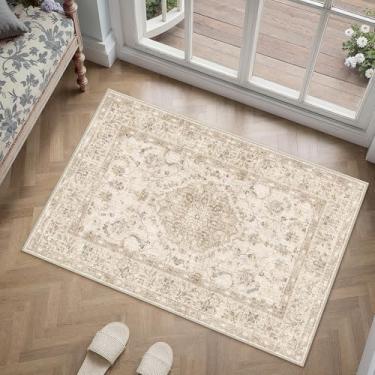 Imagem de PureCozy Tapete de área 2x3 bege lavável vintage tapete de porta de entrada pequeno antiderrapante macio pilha baixa cozinha banheiro retro destaque tapete entrada quarto escritório sala de estar