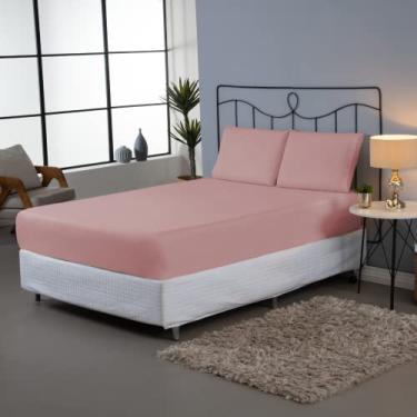 Imagem de Jogo de Lençol 3 Peças Casal Queen Liso Percal 180 Fios com Elástico, 80% Algodão, 20% Poliéster, 1,98m x 1,58m, Inclui 2 Fronhas 70cm x 50cm (Rosê)