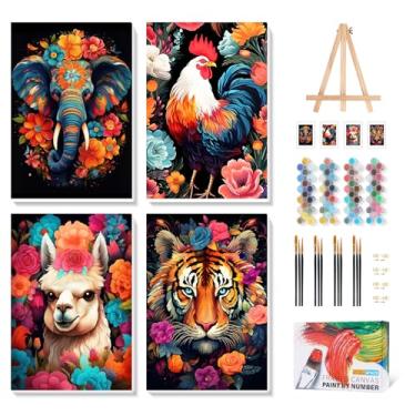 Imagem de Camocin Kit de pintura emoldurada por números para adultos com cavalete de madeira, pintura de animais por números com moldura para iniciantes, elefante, galinha, adultos, kits de números em tela