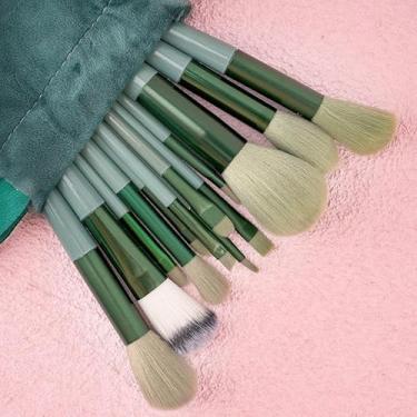 Imagem de Conjunto de pincéis de maquiagem profissional de 13 peças com cerdas macias para beleza, sombra, base, blush e cosméticos (verde)