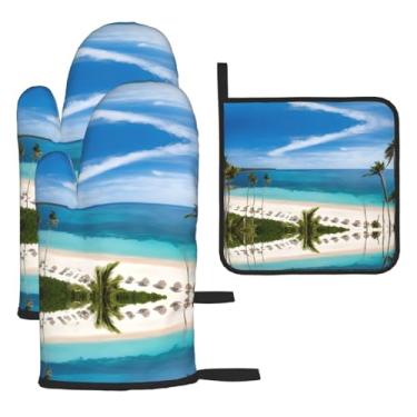 Imagem de Conjunto de cozinha essencial de 3 peças para praia e palmeira, luvas resistentes ao calor, proteção para churrasco no forno, design de armazenamento suspenso.