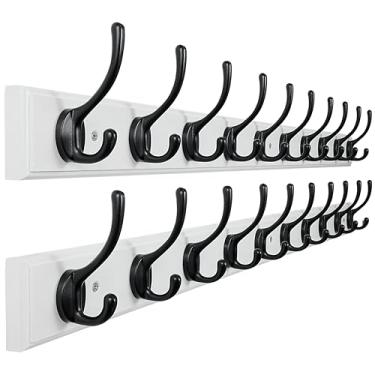 Imagem de Dseap Cabideiro montado na parede: 10 ganchos, 96 cm de comprimento, 40 cm de comprimento, ganchos de madeira montados na parede, gancho para ganchos, gancho para ganchos, ganchos para pendurar casacos, branco e preto, pacote com 2