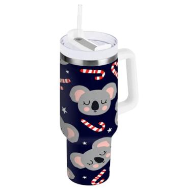 Imagem de Kigai Copo de 850 g com alça, copos isolados de cana doce e coala com tampa e canudo, garrafa de água esportiva de metal grande, caneca de café de viagem de aço inoxidável