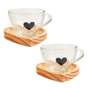 Imagem de Jogo Xícaras Café Chá com Pires Madeira Coração Rosa Presente Criativo Mesa Posta Cantinho do Café (2 Xíc. CHÁ Coração Preto+Pires)
