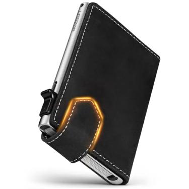 Imagem de LORZOR Carteira masculina fina com trava de segurança, porta-cartões de metal pop-up, carteiras duplas de couro de flor integral, inteligente, minimalista, bloqueio RFID, bolso frontal, janela para