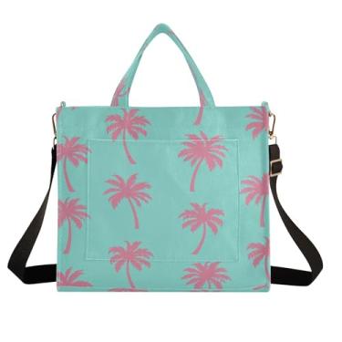 Imagem de Burbuja Sacola feminina com palmeiras rosa em água-marinha de veludo cotelê, bolsa tiracolo para compras, trabalho, viagens, C133, Small